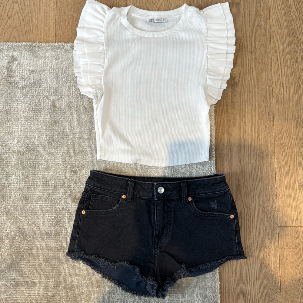 Zara Top with H&M Black denim shorts